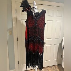 Elegant Red and Black Flapper Dress, Headband, Necklace and Purse